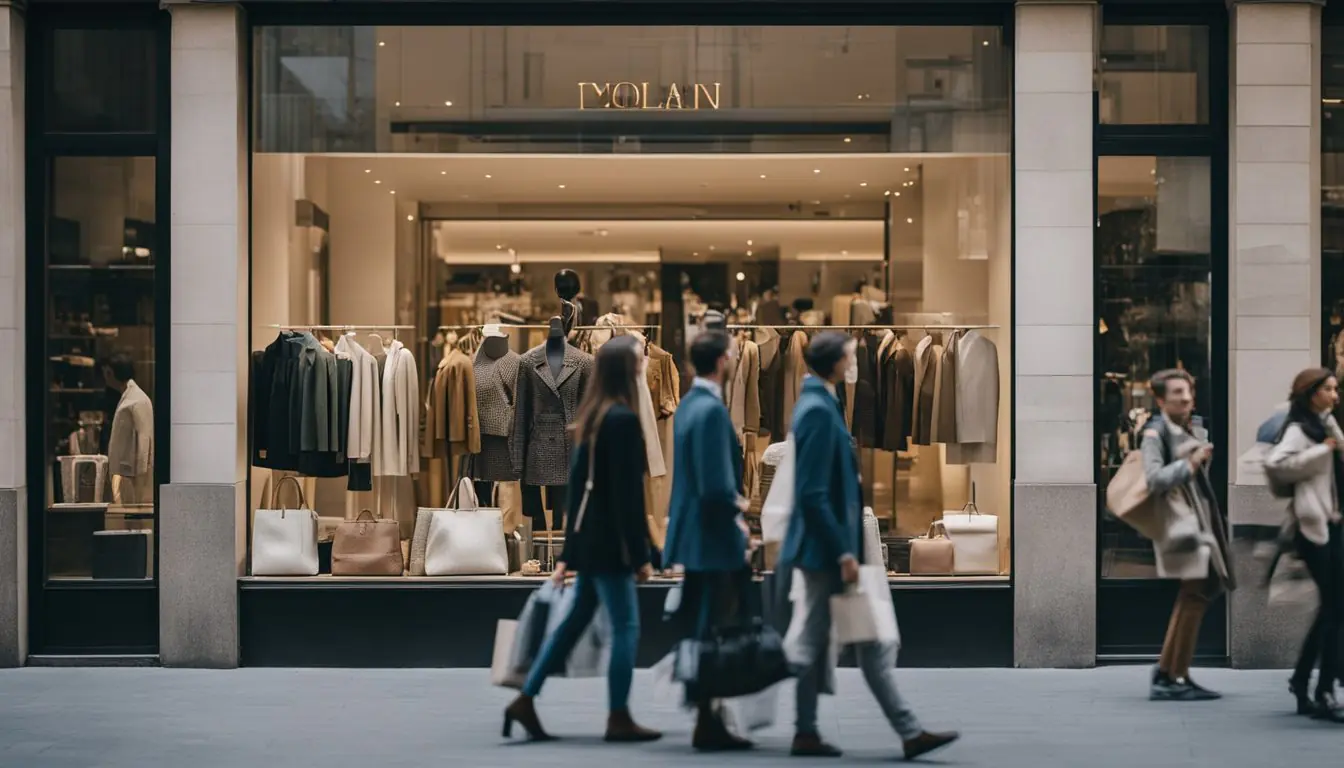 A bustling street in Milan lined with eco-friendly fashion stores, displaying sustainable and stylish clothing. Pedestrians walk by, admiring the window displays and enjoying the vibrant atmosphere