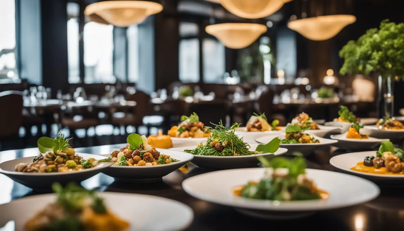 Vibrant array of plant-based dishes, artfully arranged in elegant Michelin-starred restaurant setting in Milan. Rich colors and textures showcase the diverse ingredients and innovative menus