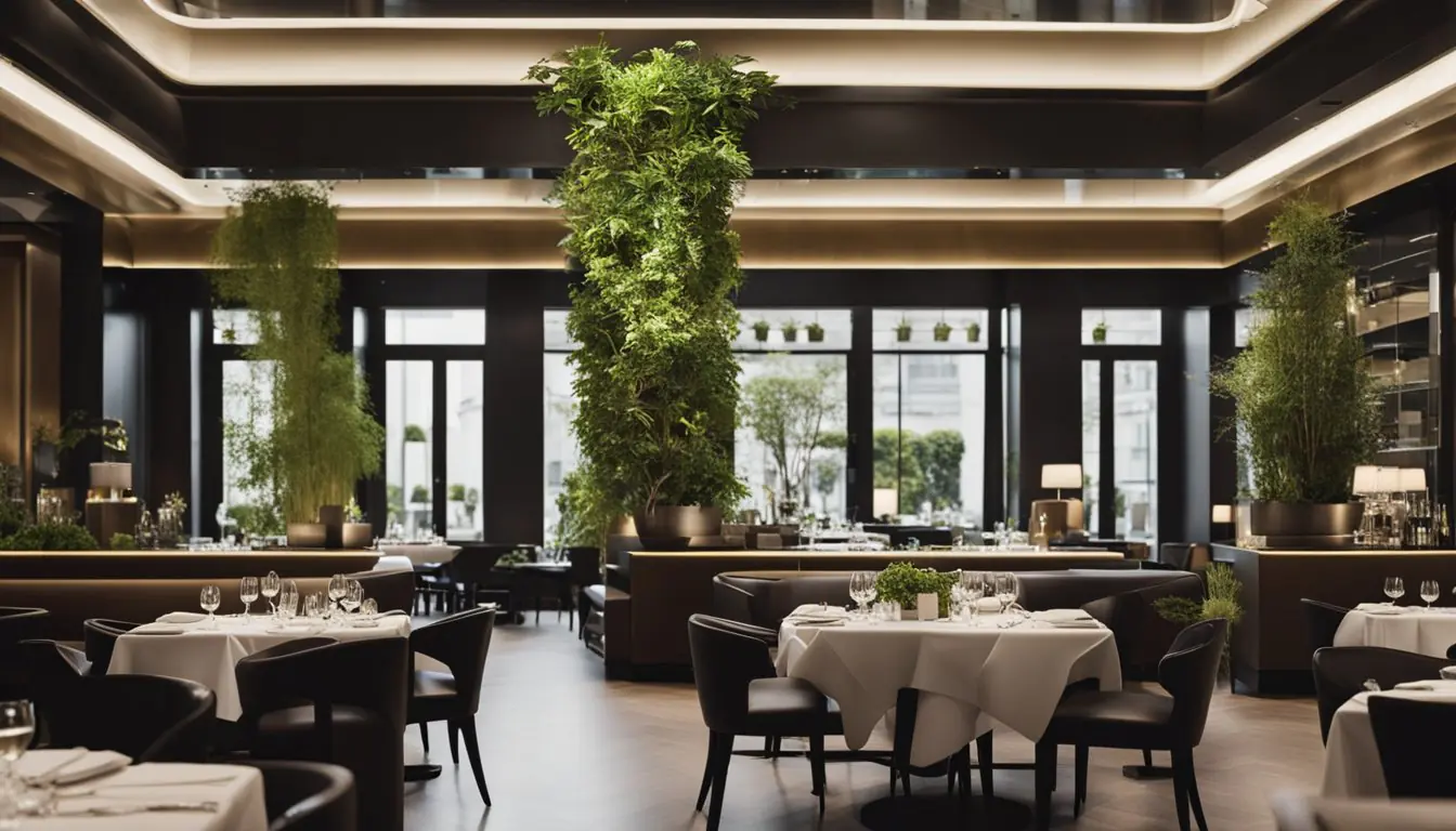 A bustling Michelin-starred restaurant in Milan serves elegant vegan dishes amidst a stylish, modern interior. Patrons enjoy exquisite plant-based cuisine in a sophisticated atmosphere