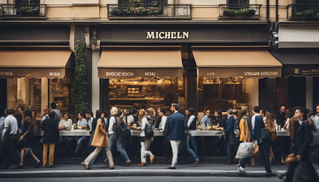 A bustling city street in Milan with a prominent Michelin-starred restaurant sign and a crowd of people lining up outside. The restaurant's exterior features a modern and elegant design, with a clear "Vegan-Friendly" label displayed prominently