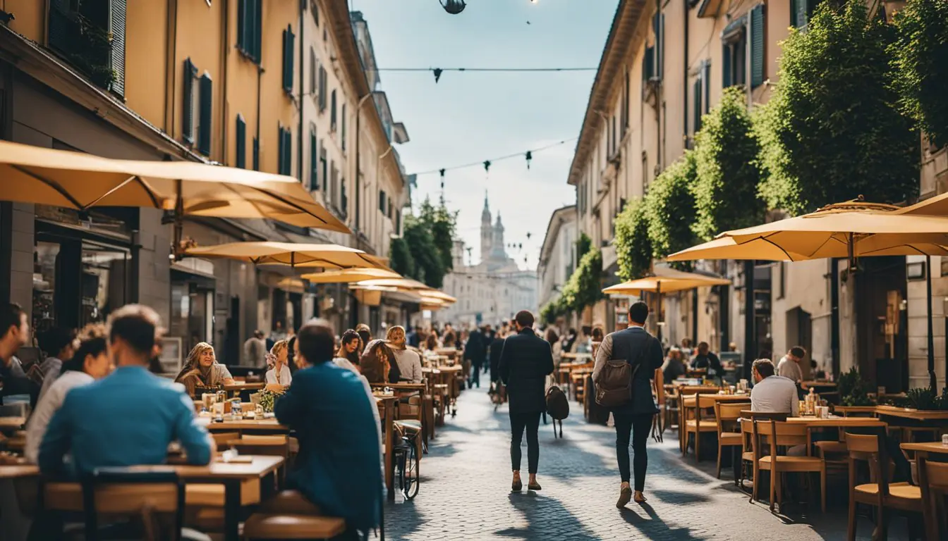 A bustling street lined with trendy, casual vegan eateries, with colorful outdoor seating and a vibrant atmosphere in Milan