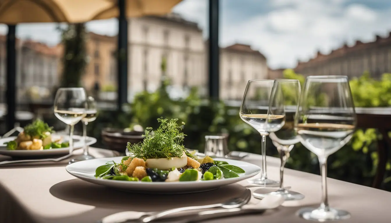 A table set with elegant wine glasses and plant-based dishes at a Michelin-starred restaurant in Milan