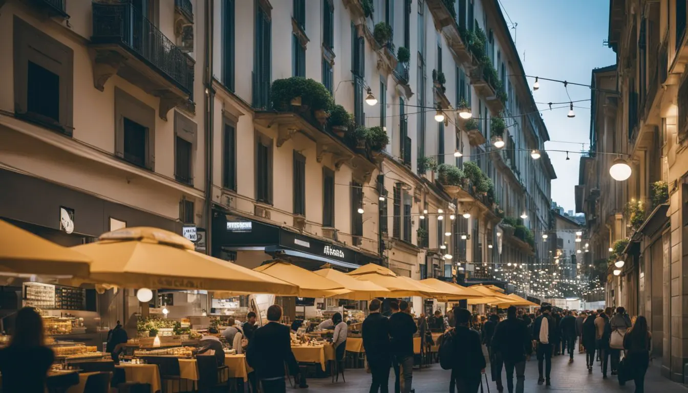 A bustling street in Milan lined with modern and elegant vegan and vegetarian restaurants, with Michelin-starred signs proudly displayed