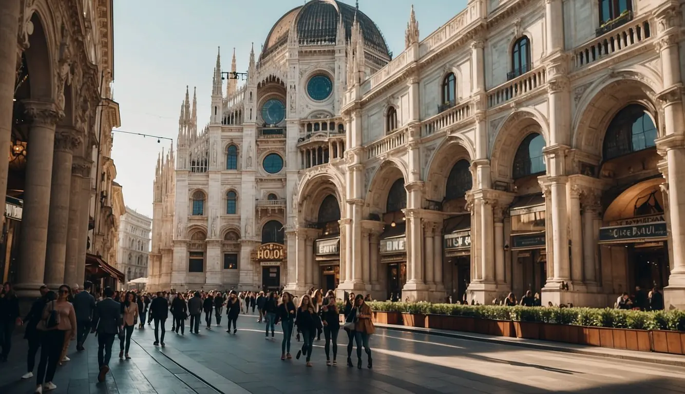 The bustling streets of Milan showcase iconic landmarks like the Duomo and Galleria Vittorio Emanuele II, with vibrant cafes and stylish boutiques lining the cobblestone paths