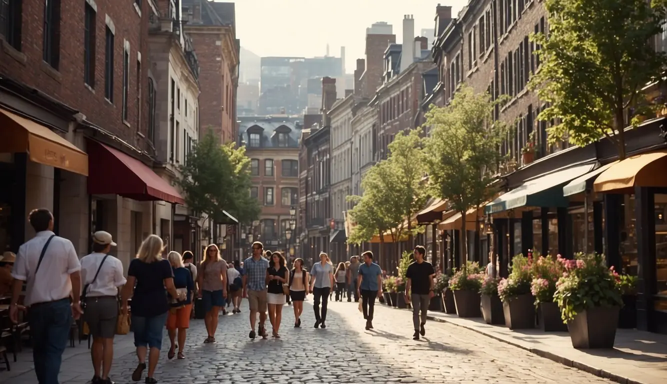 A bustling city street lined with historic buildings, cobblestone pathways, and vibrant storefronts, with a group of tourists following a knowledgeable guide