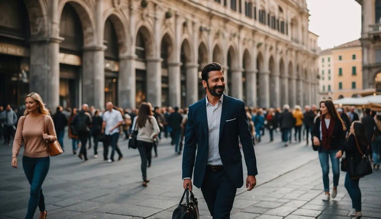 People strolling through Milan's historic streets, passing by iconic landmarks and charming hidden gems. Vibrant atmosphere with a mix of old and new architecture