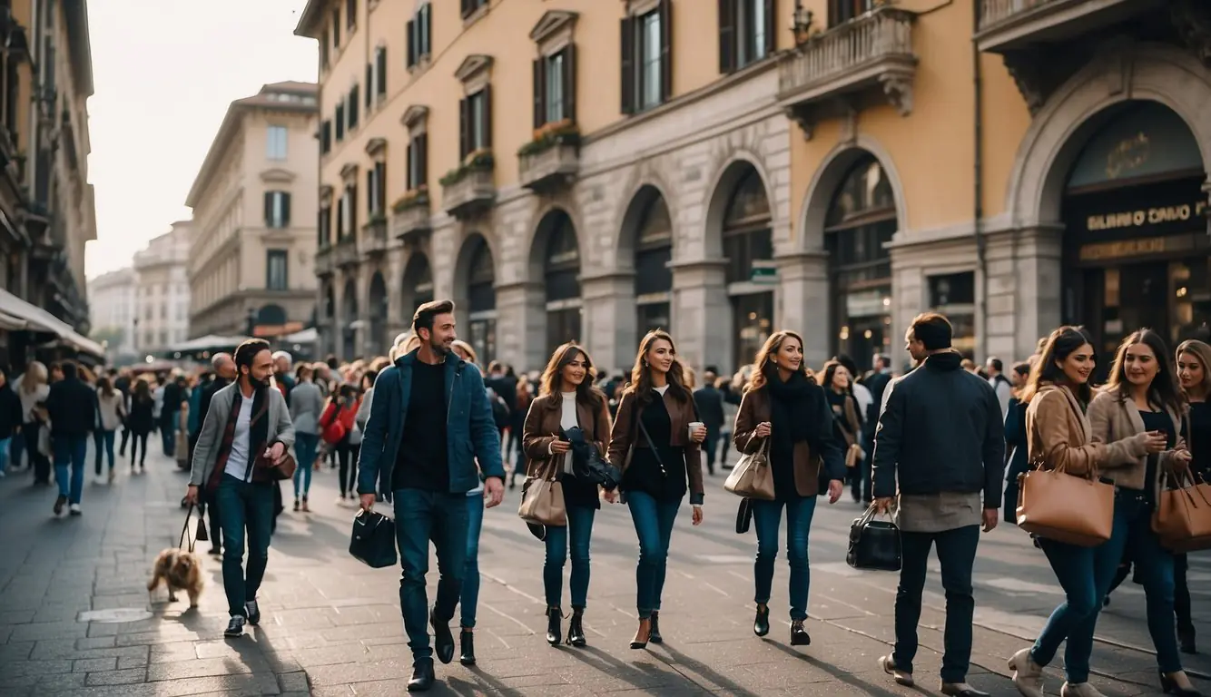 A bustling street in Milan, lined with historic buildings and trendy shops. Tourists follow a guide, eager to explore the city on foot