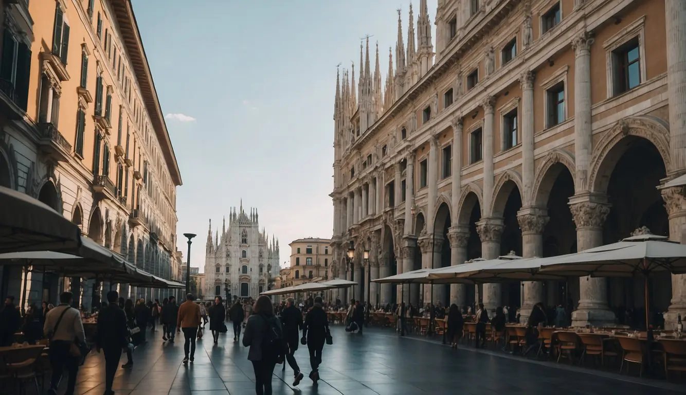 Stunning architecture and bustling streets of Milan, with tourists exploring historic landmarks and local hidden gems