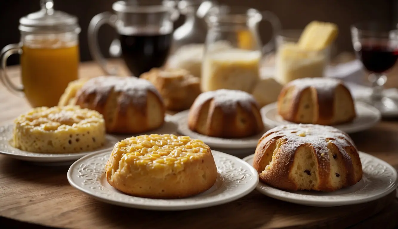 A table set with a variety of traditional Milanese desserts, including panettone, risotto al salto, and cassoeula