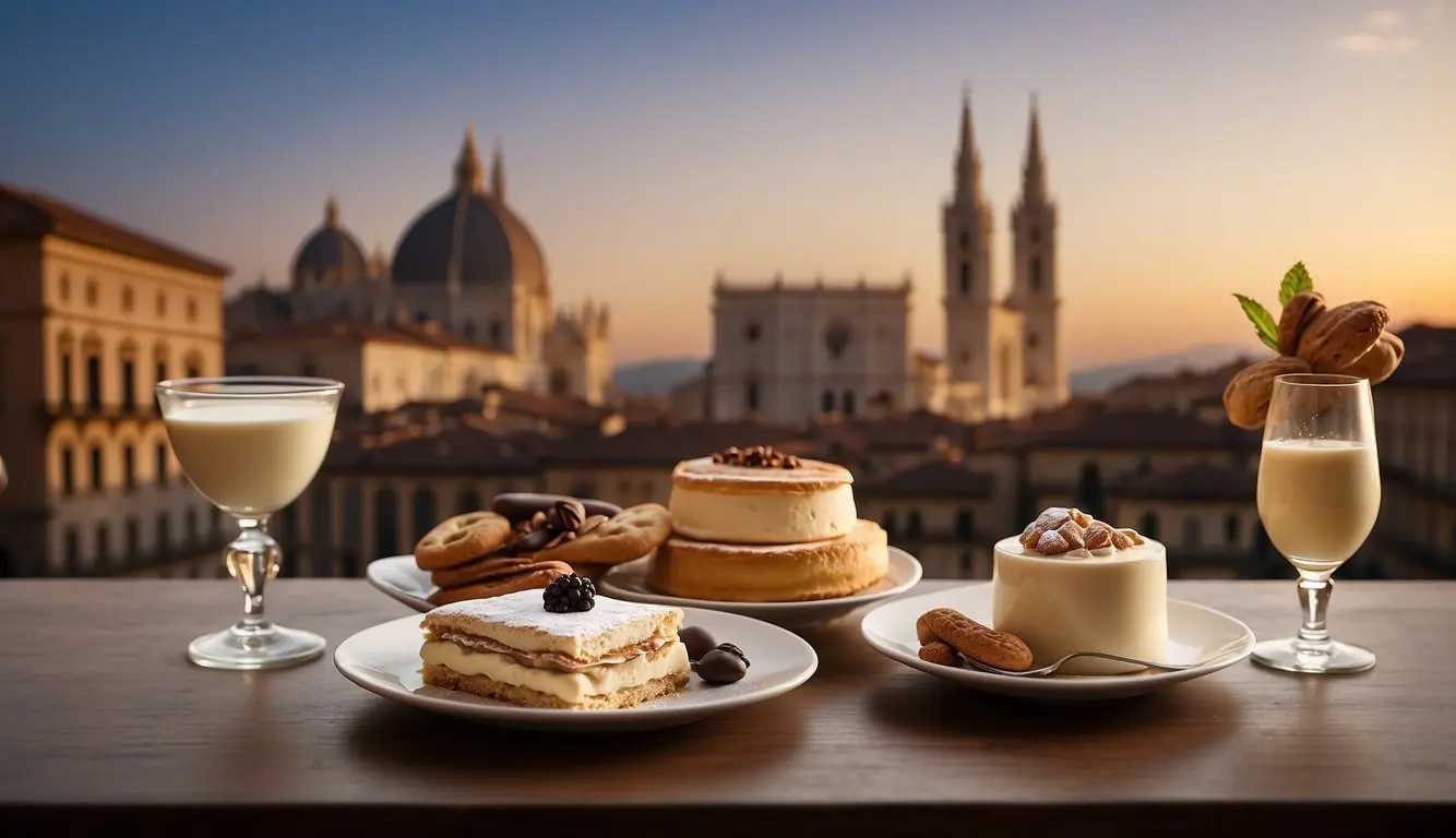 A table set with classic Italian desserts: tiramisu, panna cotta, cannoli, and sfogliatelle. A backdrop of Milan's iconic landmarks