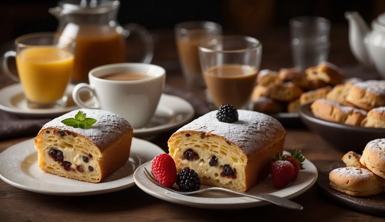 A table is set with a variety of traditional Milanese desserts, including panettone, tiramisu, and cannoli. An espresso machine steams in the background