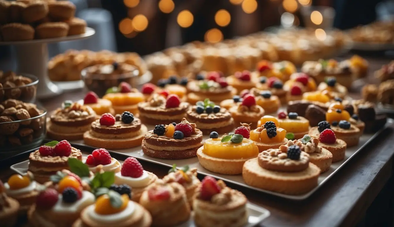 A table adorned with an array of traditional Milanese desserts, surrounded by lively Italian celebrations and decorations