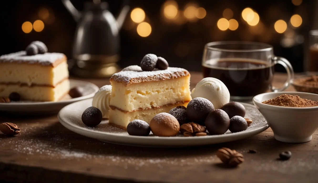 A table adorned with classic Italian dessert ingredients: mascarpone, ladyfingers, espresso, cocoa powder, and amaretto