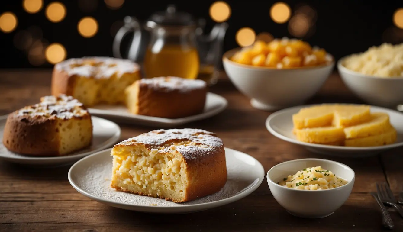 A table set with various traditional Milanese desserts, including panettone, risotto al salto, and torta sbrisolona