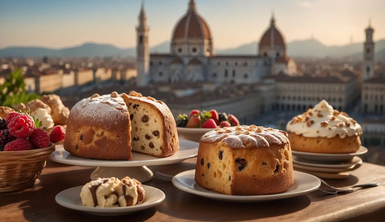 A table adorned with classic Milanese desserts: panettone, tiramisu, and cannoli, with a backdrop of iconic landmarks like the Duomo and Galleria Vittorio Emanuele II