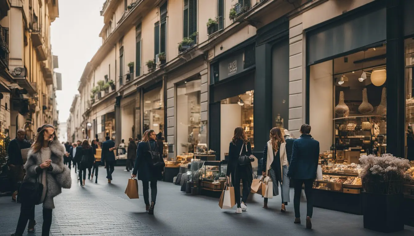The bustling streets of Milan are lined with chic, eco-friendly fashion stores, showcasing sustainable and stylish clothing and accessories