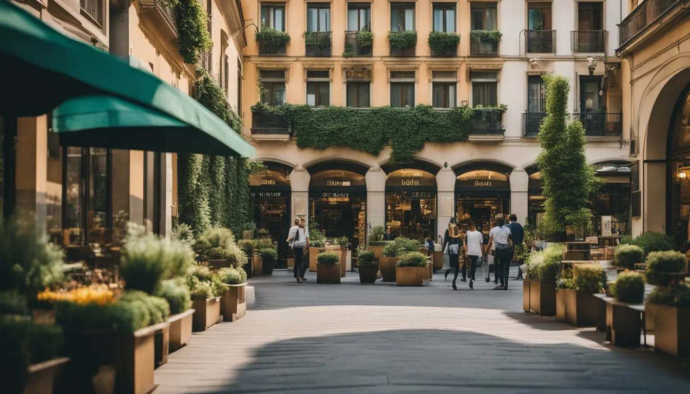 A bustling Milan street with vibrant eco-friendly fashion stores, surrounded by greenery and sustainable design elements