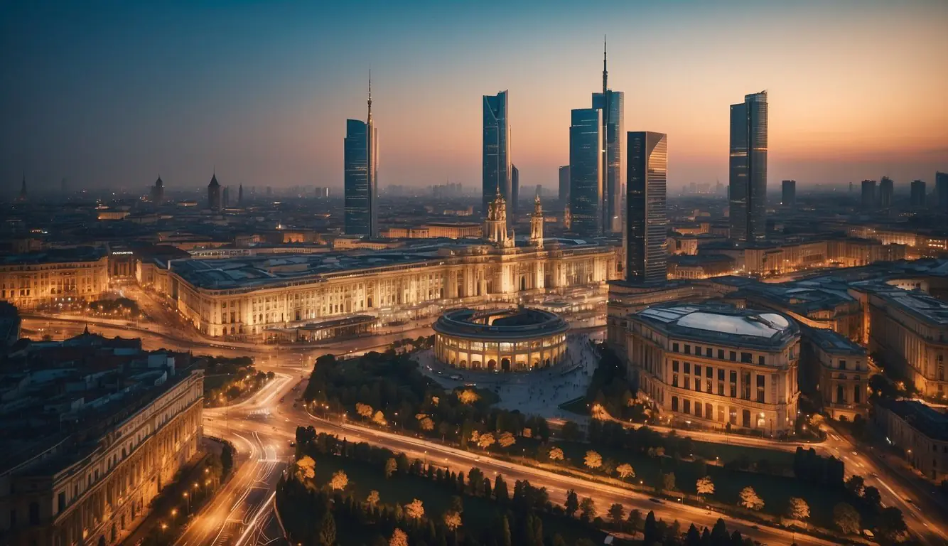 A bustling cityscape with modern skyscrapers and bustling streets, showcasing the vibrant startup scene in Milan. The skyline is dotted with innovative tech hubs and funding organizations