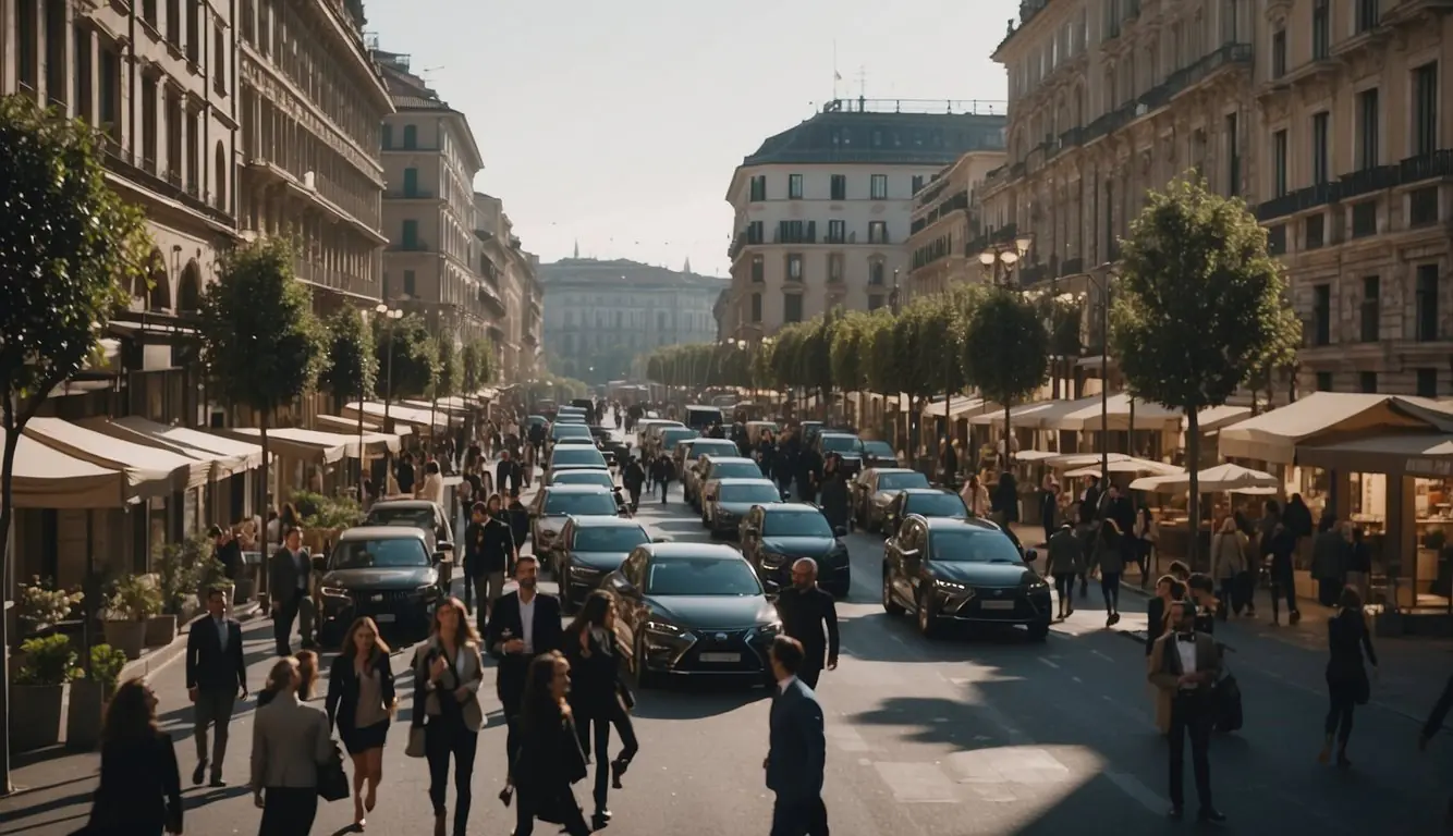 A bustling city street in Milan, with modern office buildings and entrepreneurs discussing funding opportunities