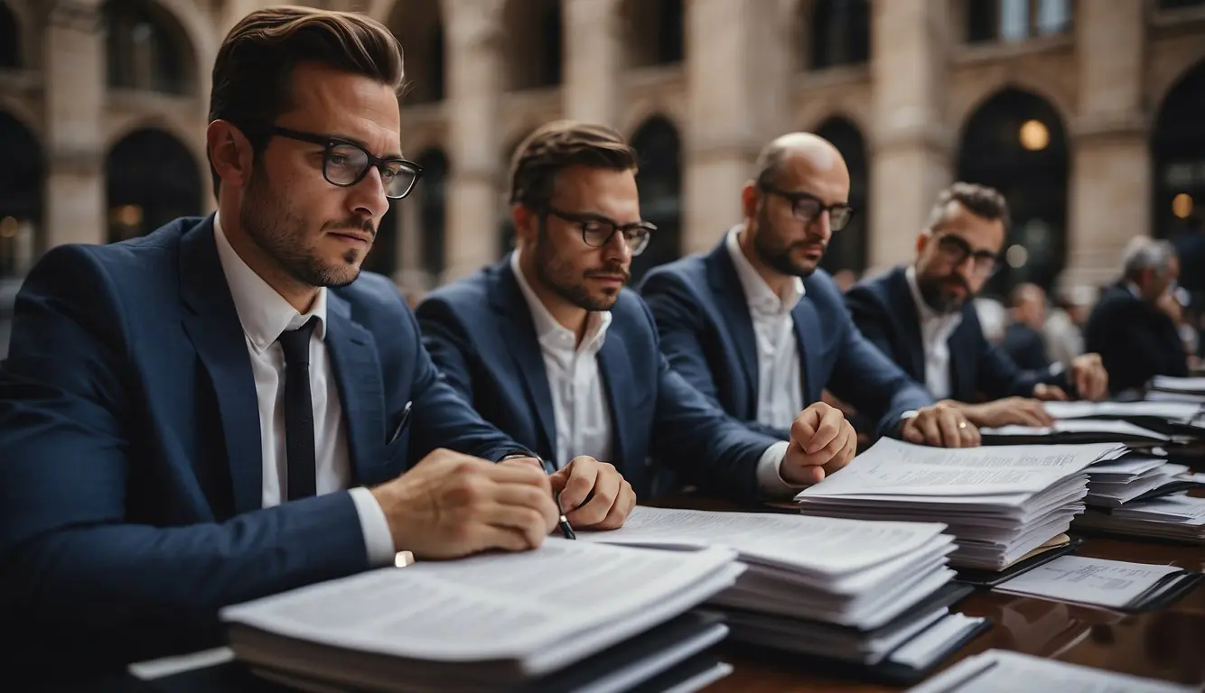 Entrepreneurs researching laws and grants in Milan, surrounded by legal documents and financial reports