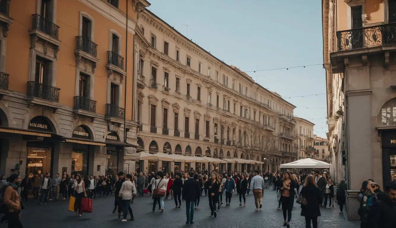 A bustling Milan street with modern buildings and a vibrant startup community, with signs and banners advertising funding opportunities