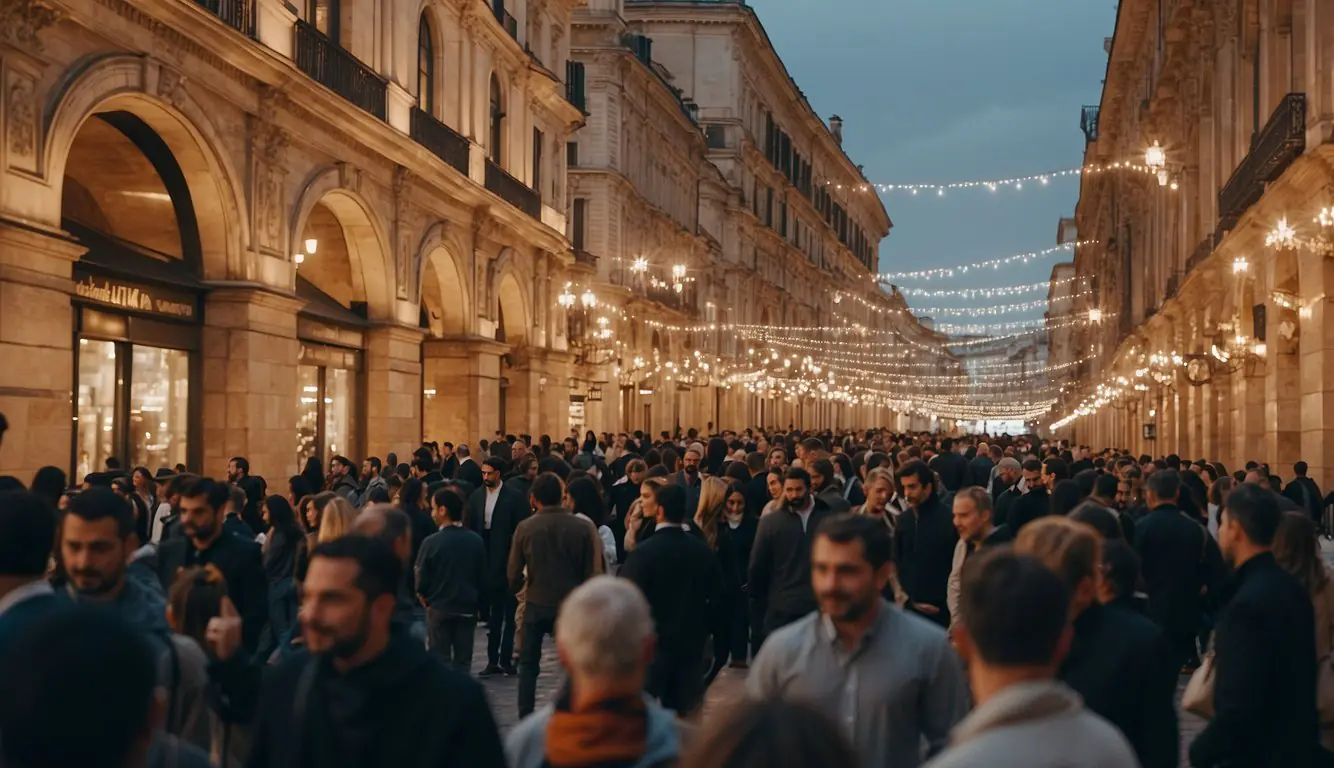 A bustling city street in Milan, with vibrant startups and entrepreneurs networking at a funding event. The atmosphere is charged with excitement and ambition as success stories are shared