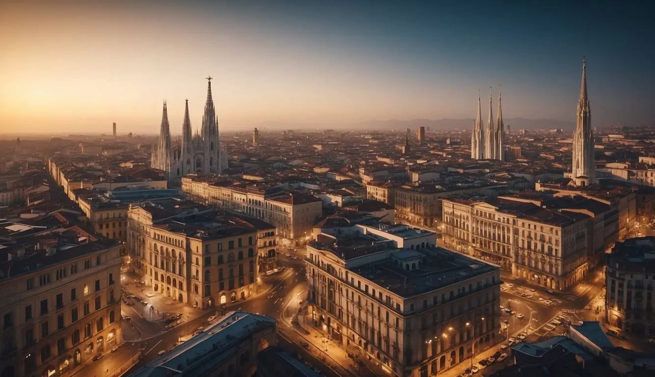 A bustling cityscape with iconic landmarks of Milan, showcasing a mix of modern and historic architecture. Brightly lit skyscrapers and vibrant streets symbolize the thriving startup scene