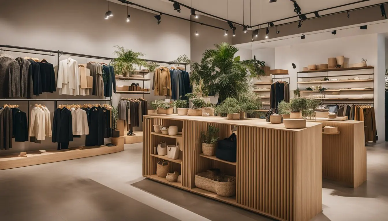 A bustling eco-friendly fashion store in Milan, showcasing sustainable materials and production methods. Bright, modern interior with natural elements and stylish displays