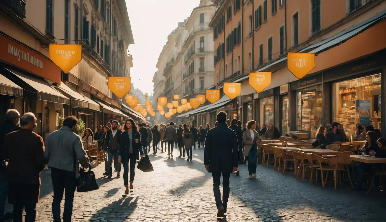 A bustling city street in Milan, with colorful banners and signs advertising funding opportunities for startups. Pedestrians and entrepreneurs are engaged in conversation, exchanging information and networking