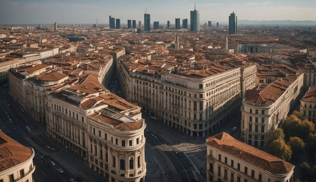 A bustling cityscape with skyscrapers and a vibrant financial district in Milan, Italy, showcasing various funding opportunities for startups