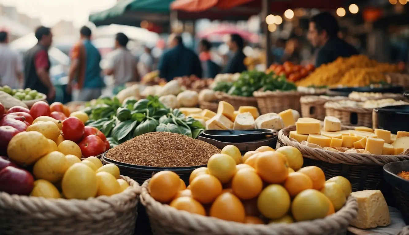 A bustling outdoor market with colorful stalls selling fresh produce, artisanal cheeses, and aromatic spices. The air is filled with the sounds of sizzling street food and the chatter of locals and tourists alike