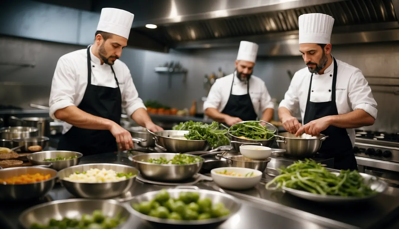 The chefs of Milan prepare exquisite dishes in a bustling kitchen, surrounded by gleaming pots and pans, fresh ingredients, and the aroma of sizzling flavors