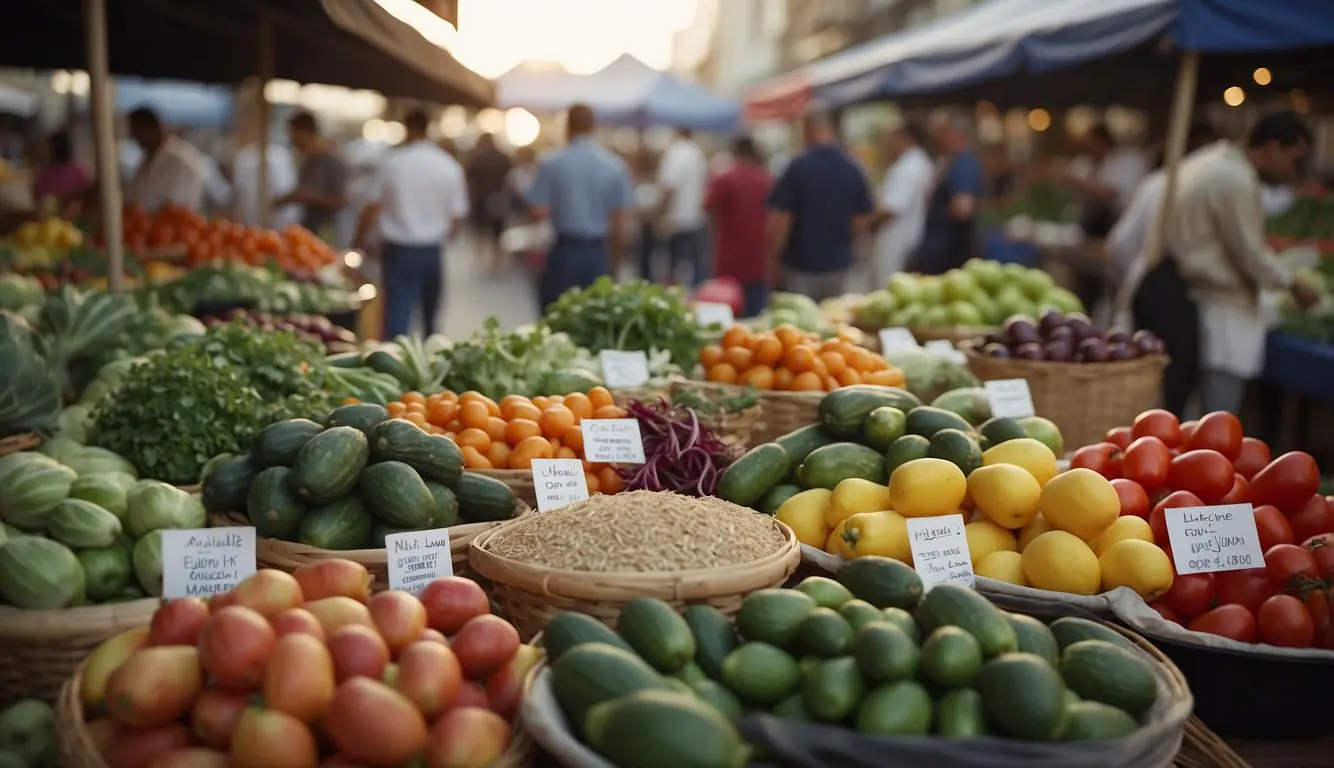 A bustling open-air market with vibrant displays of fresh produce, aromatic herbs, and exotic spices. Michelin-starred chefs engage with local vendors, sampling and discussing ingredients