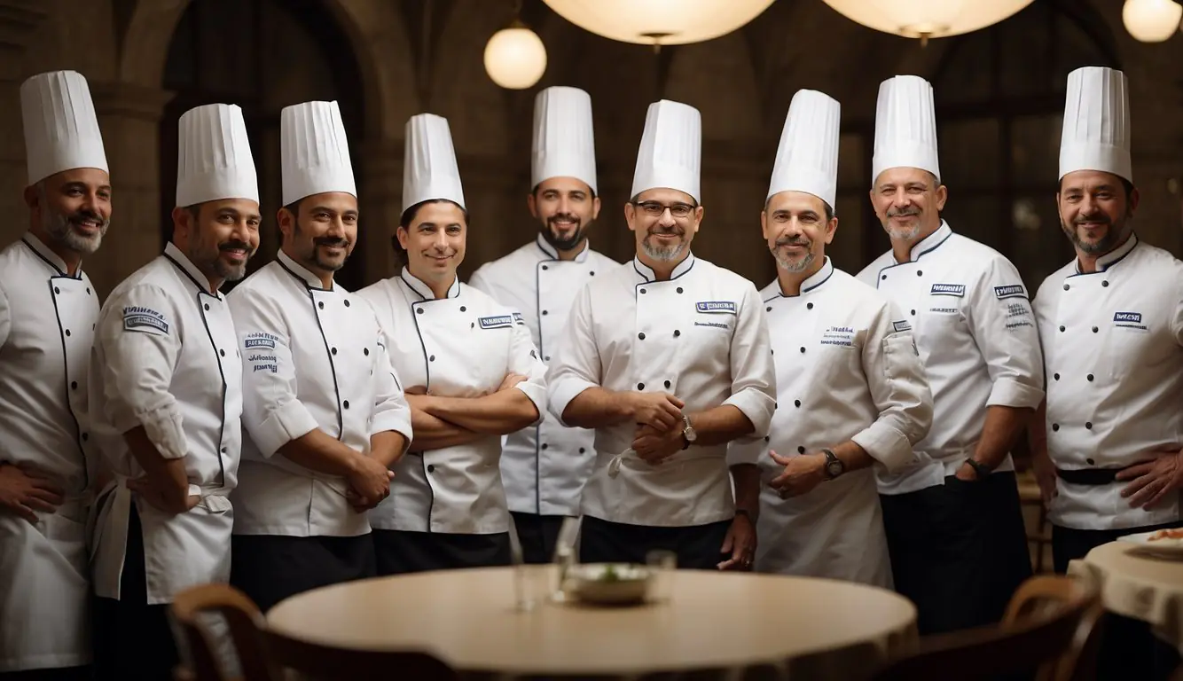 A group of Michelin-starred chefs gather in Milan, discussing frequently asked questions. The atmosphere is lively, with chefs exchanging ideas and sharing their culinary expertise