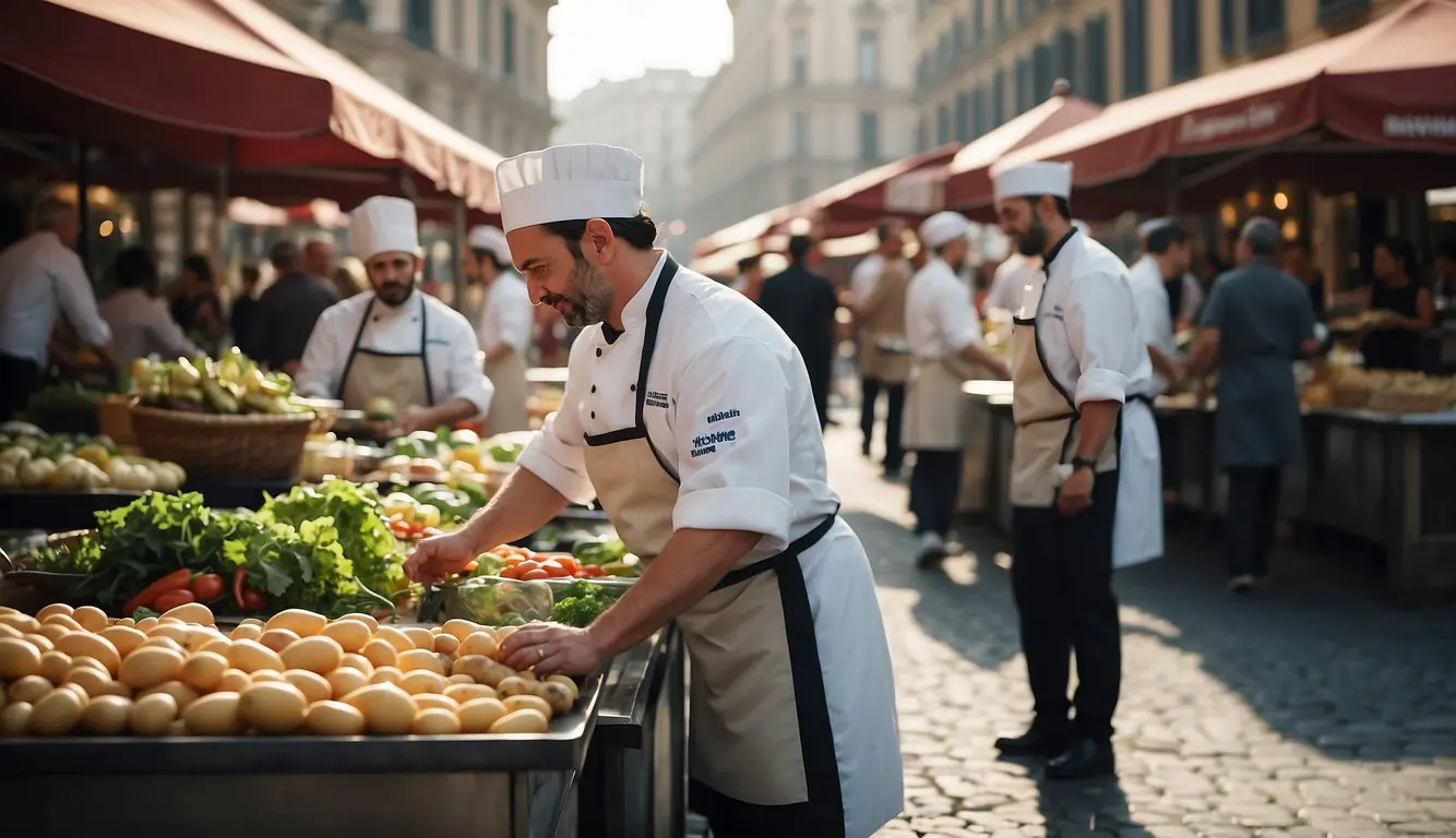 A bustling city square in Milan showcases sustainable practices and innovative culinary techniques, with Michelin-starred chefs at work