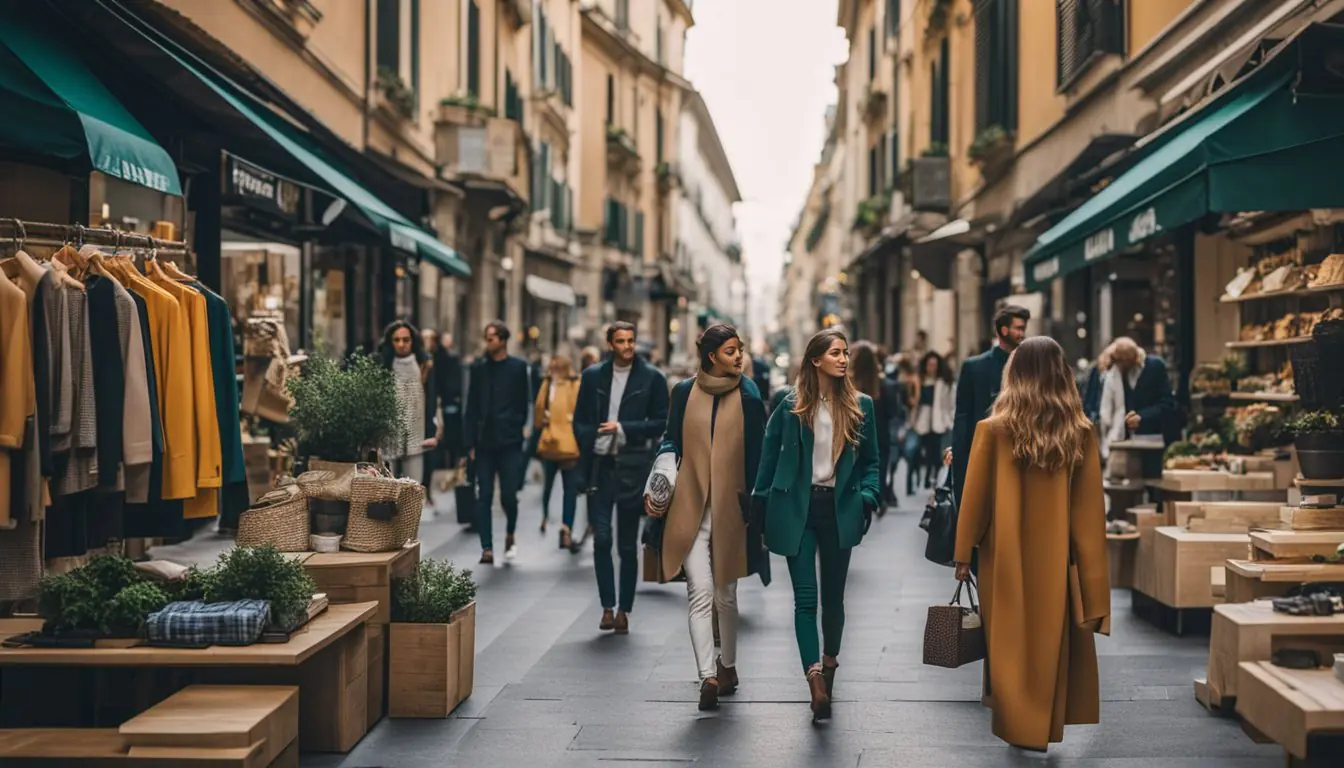 A bustling street in Milan, lined with trendy eco-friendly fashion stores. Vibrant storefronts display sustainable clothing and accessories, while stylish shoppers browse the latest eco-conscious designs