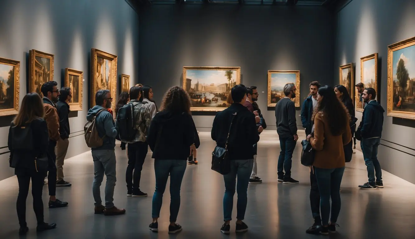 Visitors explore famous art galleries in Milan, admiring masterpieces and asking questions