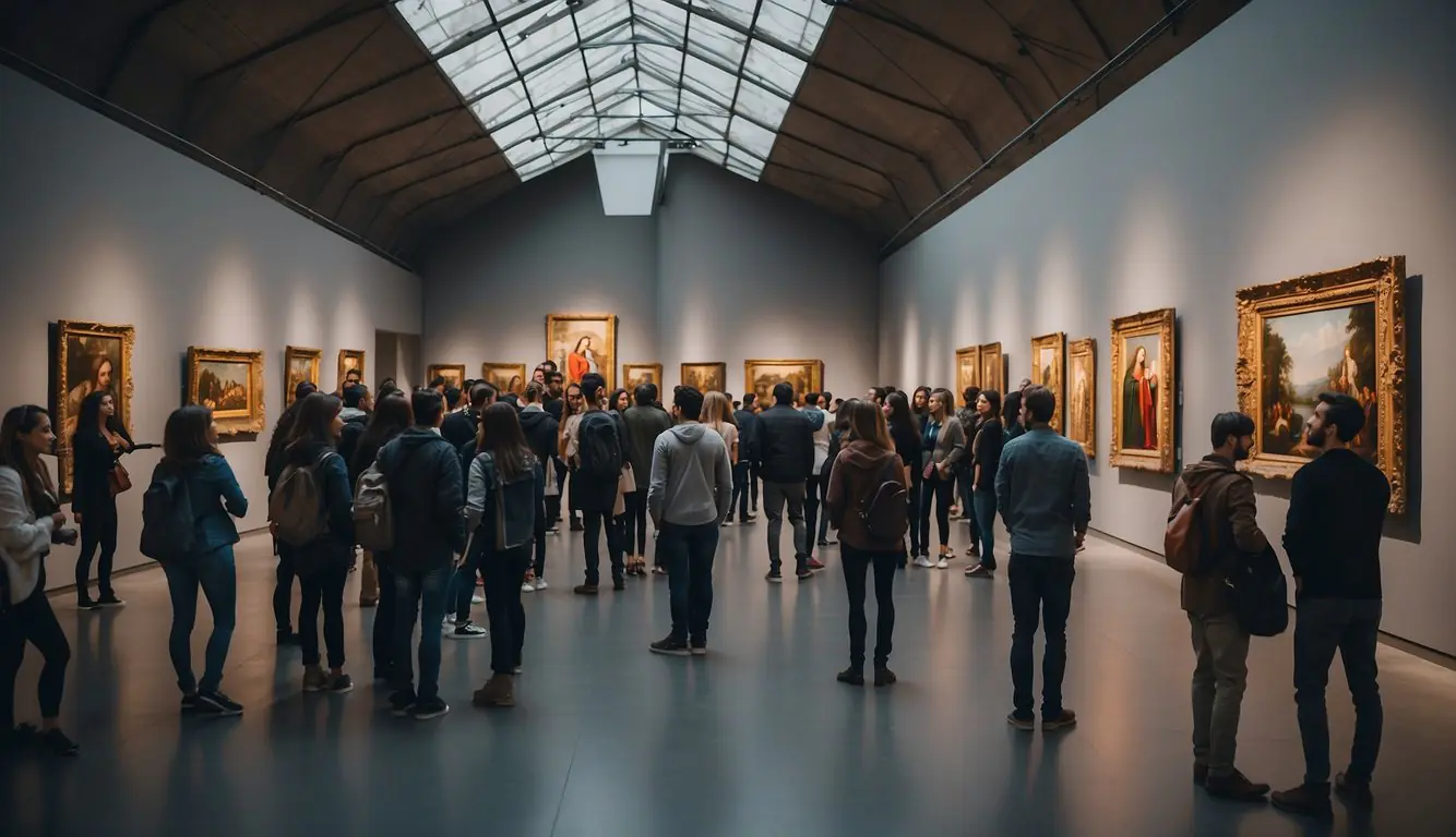 A crowded art gallery in Milan showcases iconic artworks and their creators. Visitors admire masterpieces while taking guided tours