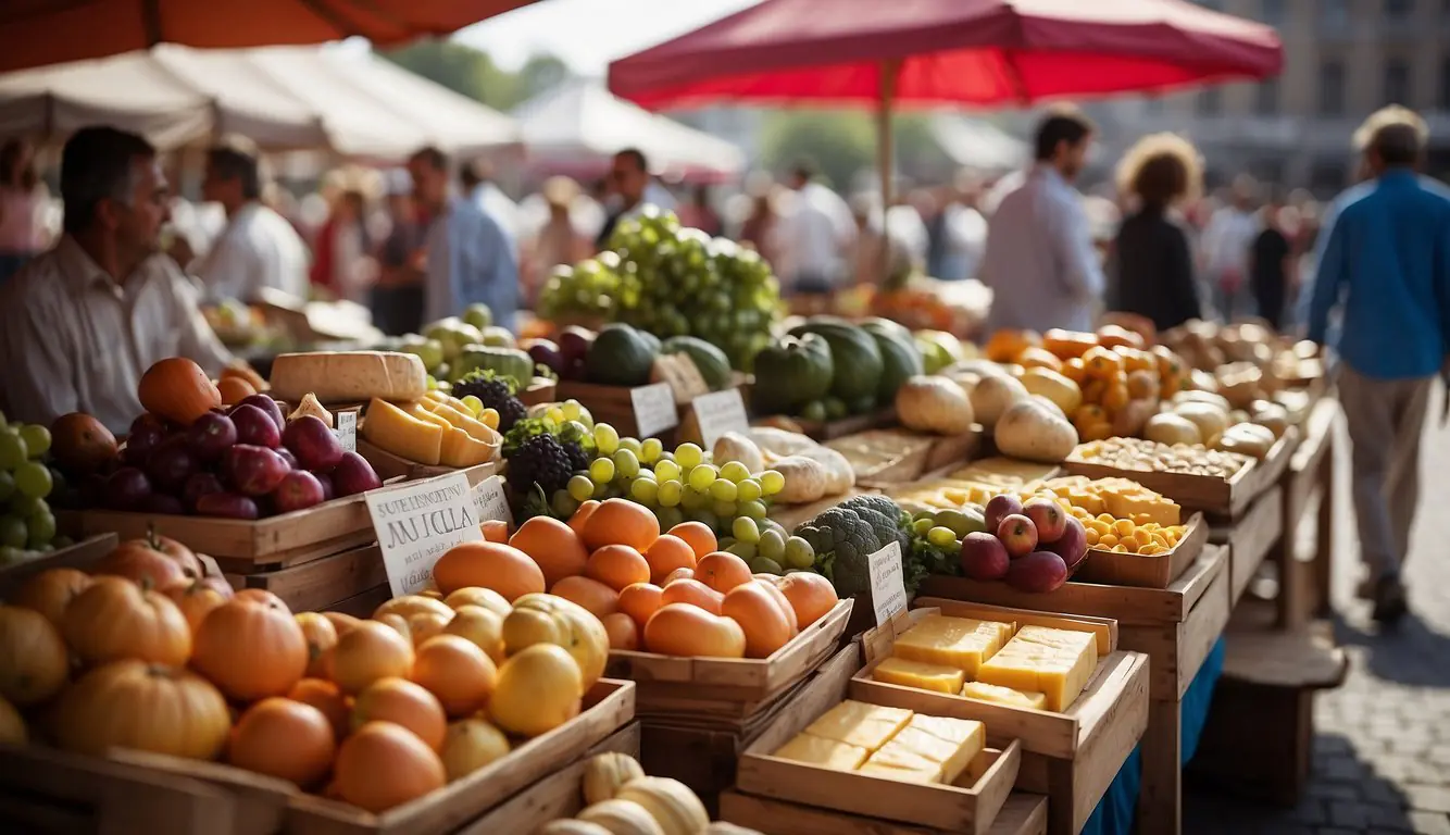 Vibrant food stalls line the bustling market square, offering fresh produce, artisanal cheeses, and aromatic spices. The air is filled with the sounds of vendors calling out their wares and the chatter of eager shoppers