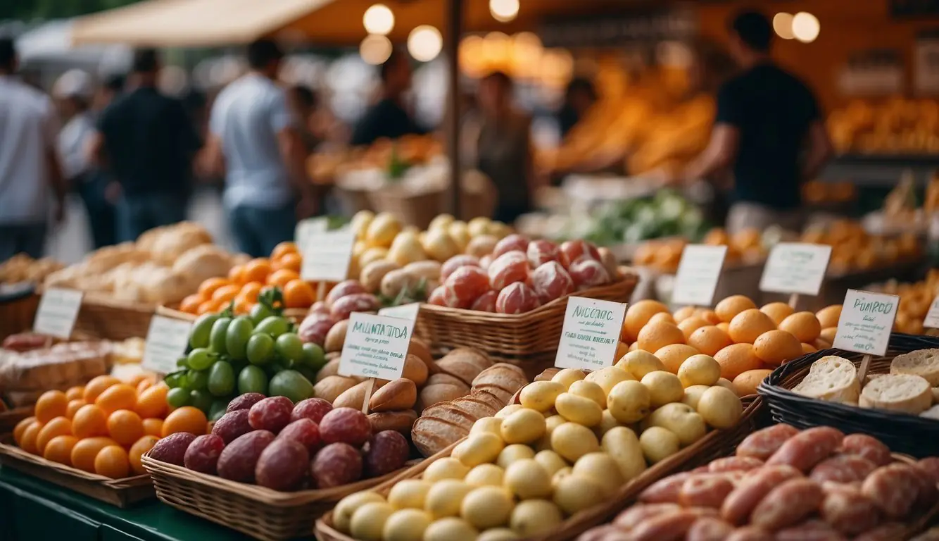 Vibrant food stalls display fresh produce and local delicacies at a bustling Milanese market. Aromas of cheese, cured meats, and baked goods fill the air