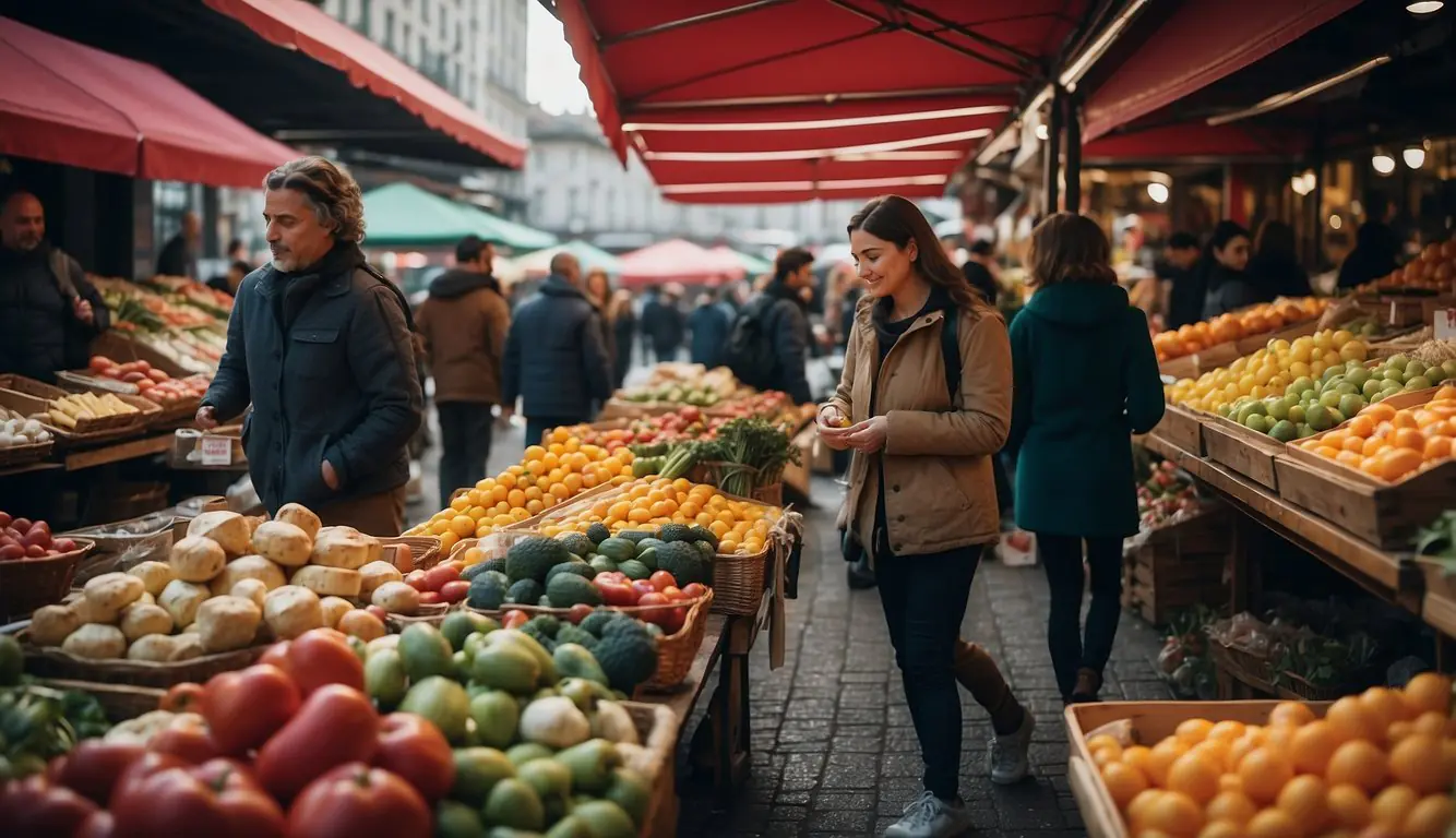 People browsing through colorful food stalls at a bustling market in Milan, surrounded by fresh produce, artisanal cheeses, and local delicacies