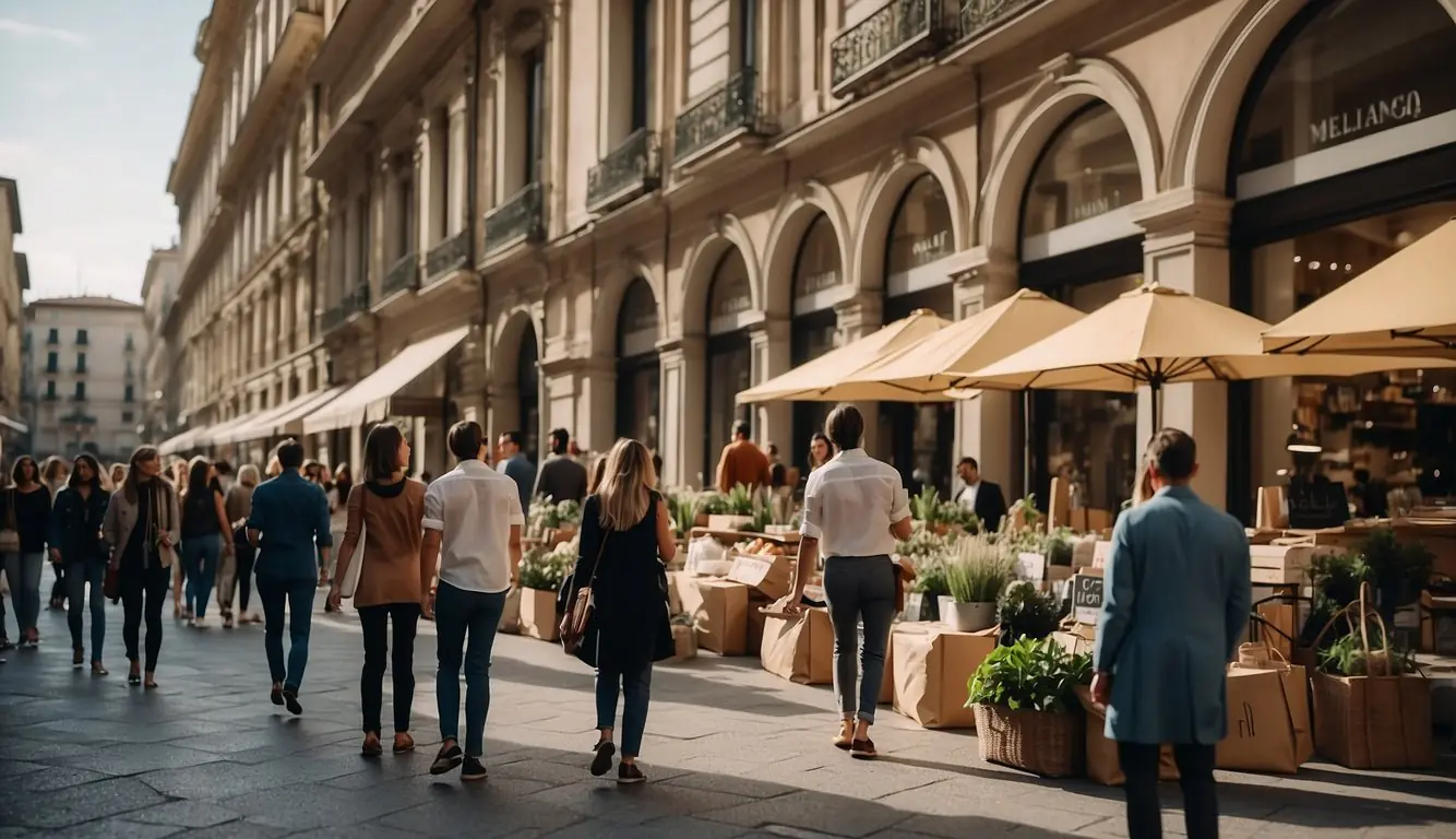 A bustling Milan street lined with eco-friendly clothing stores, showcasing organic fabrics and sustainable fashion designs