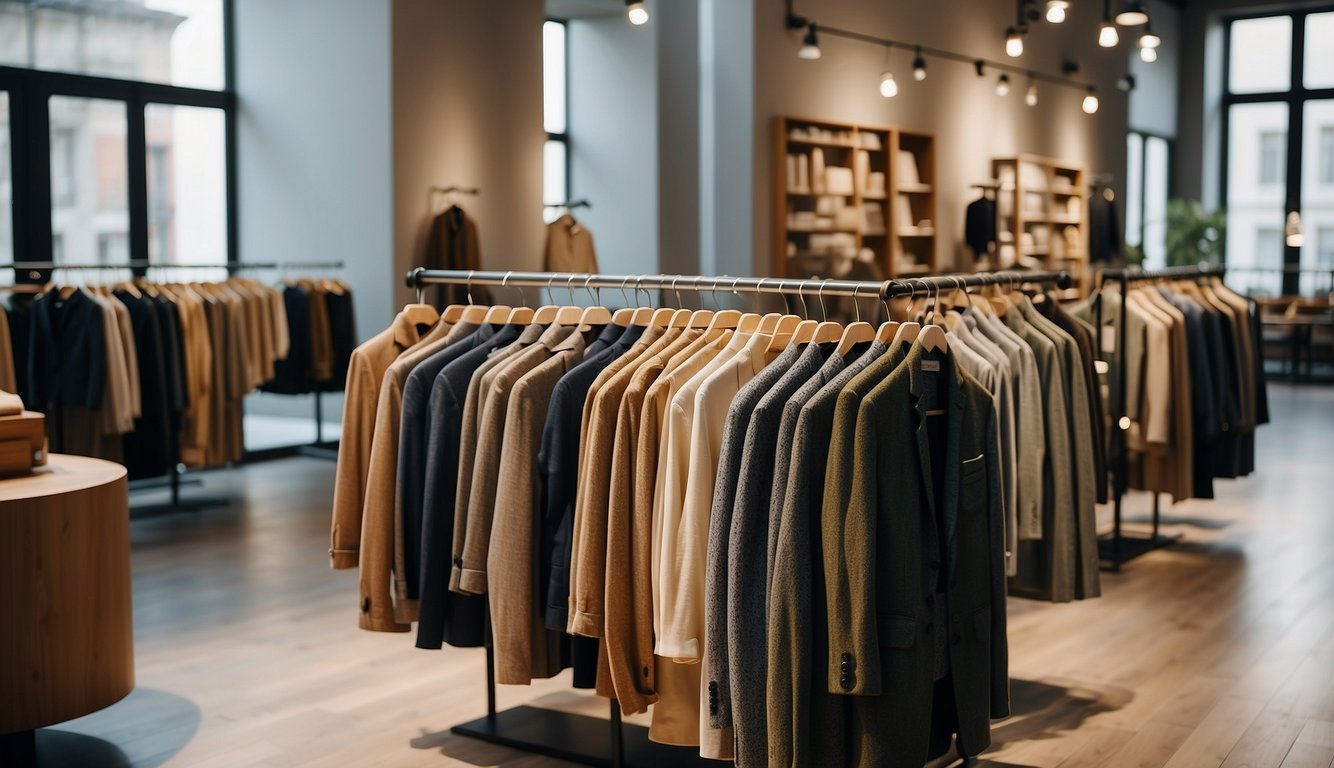 A bright and modern boutique in Milan displays racks of stylish organic clothes with eco-friendly labels. The store's large windows allow natural light to illuminate the sustainable fabrics and earthy colors