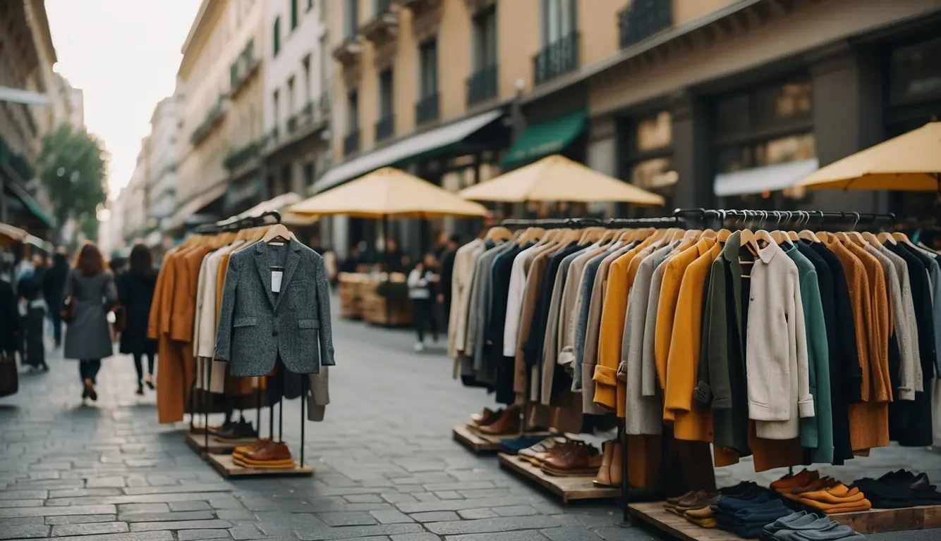 A bustling street in Milan lined with eco-friendly clothing stores and sustainable fashion brands, featuring vibrant displays of organic garments and stylish designs