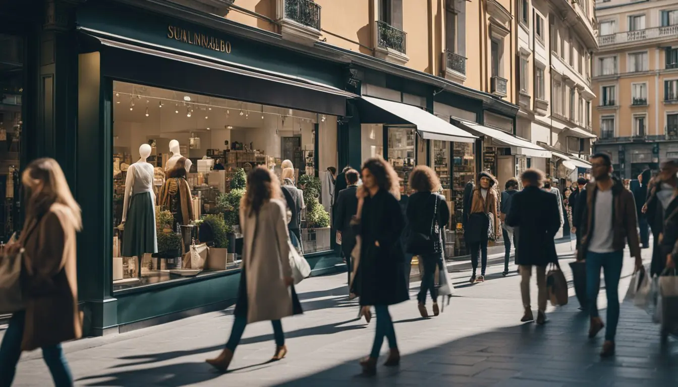 A bustling street in Milan lined with eco-friendly fashion stores, featuring vibrant window displays and stylish signage. Pedestrians admire the sustainable clothing and accessories showcased in the storefronts