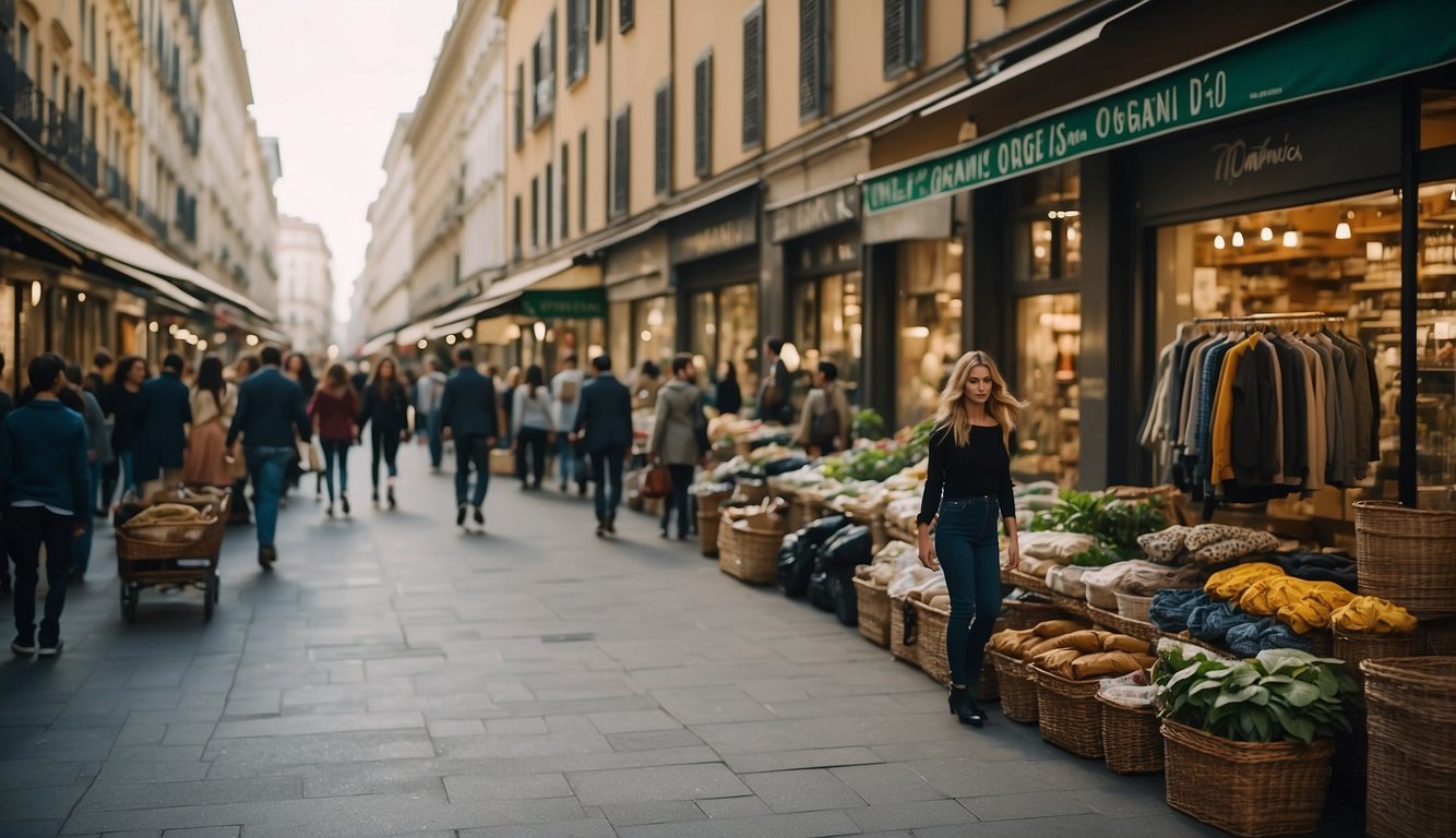 A bustling street in Milan, with vibrant storefronts displaying eco-friendly clothing. Customers browse through racks of organic garments, while a sign proudly declares "Where to Buy Organic Clothes."