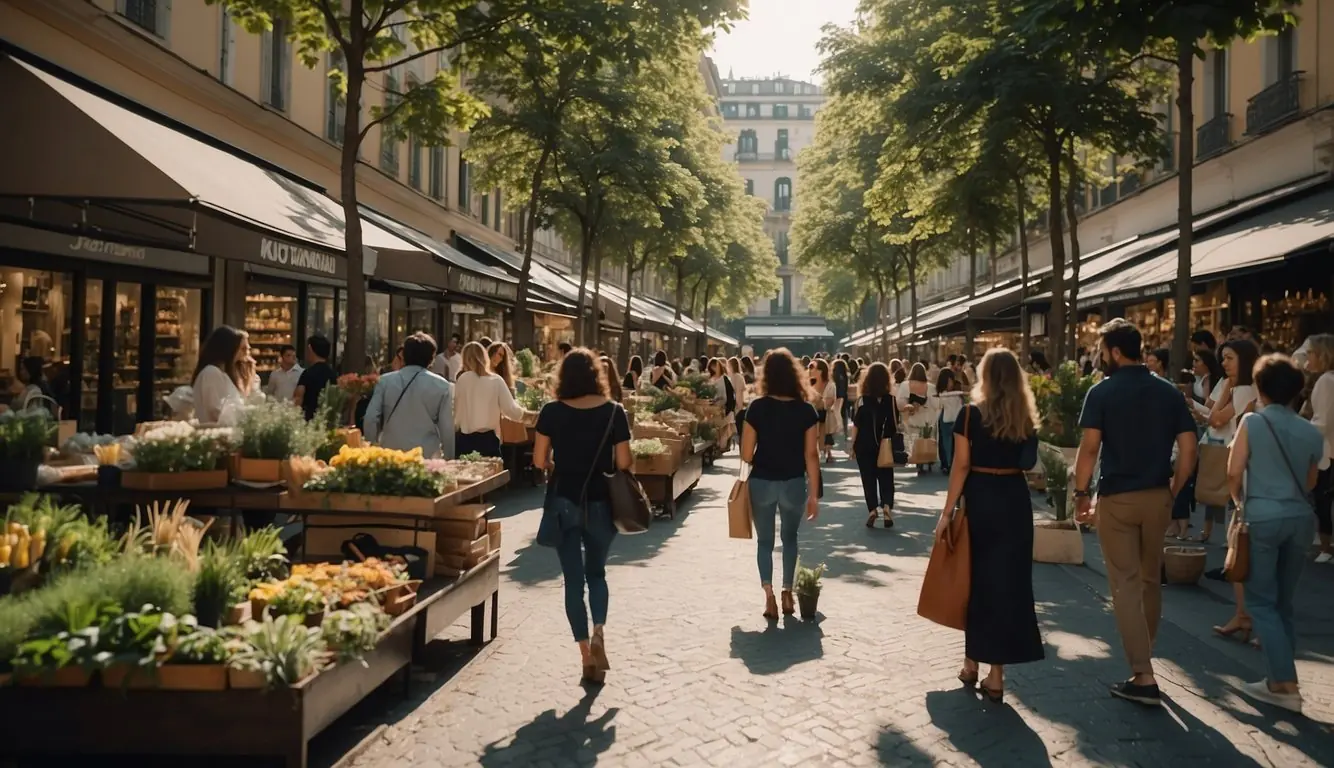 A bustling street in Milan lined with eco-friendly clothing stores, showcasing vibrant displays of organic fabrics and sustainable fashion designs