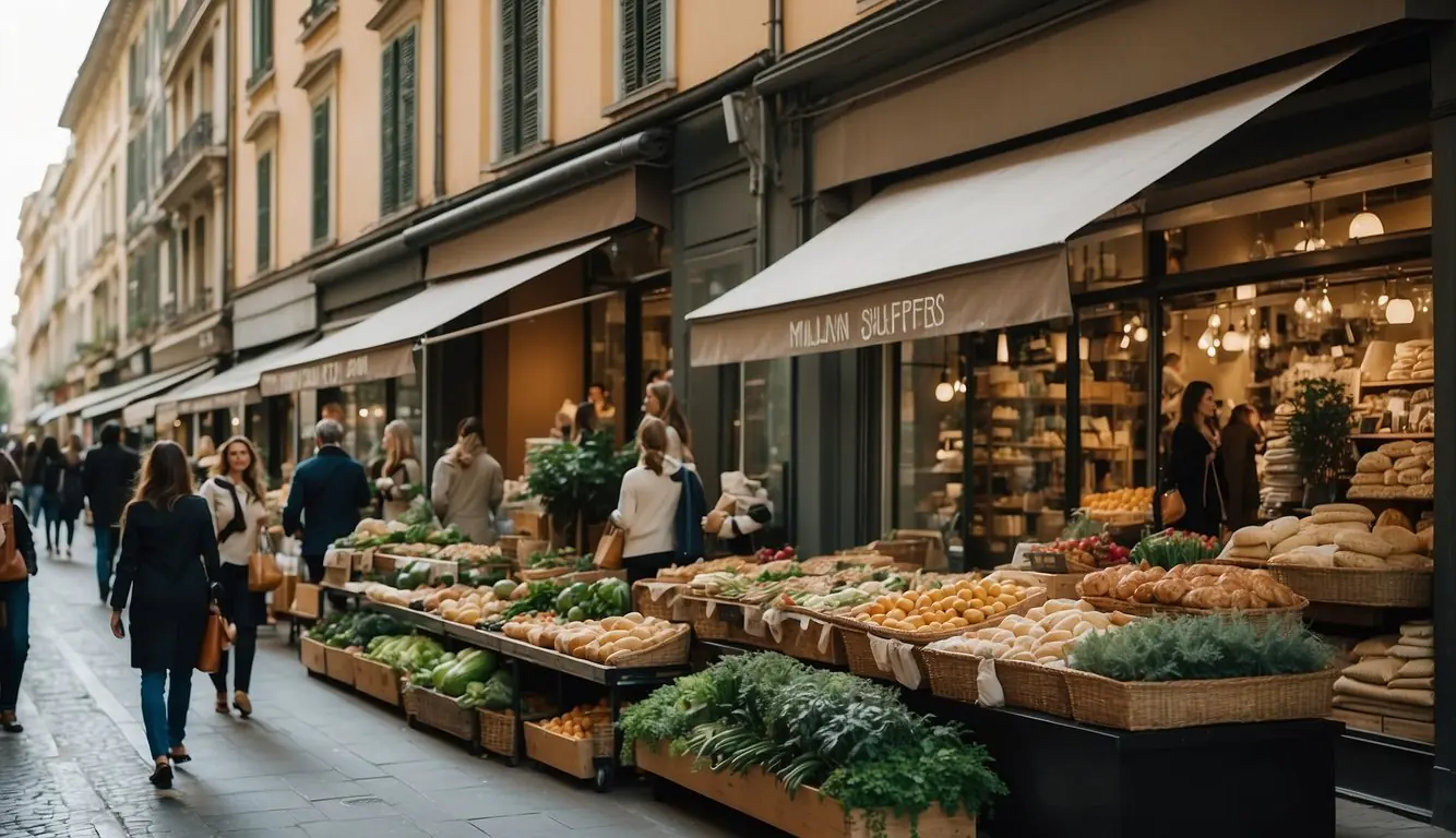 A bustling street in Milan lined with trendy boutiques and eco-friendly shops, showcasing a variety of organic clothing options. Vibrant storefronts and stylish displays attract eco-conscious shoppers