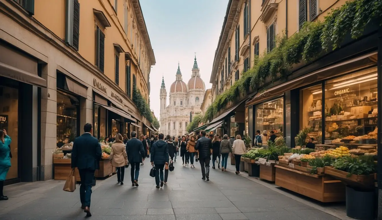 A bustling street in Milan, with vibrant storefronts displaying eco-friendly clothing. A sign reads "Organic Clothes" in bold letters, drawing in conscious consumers