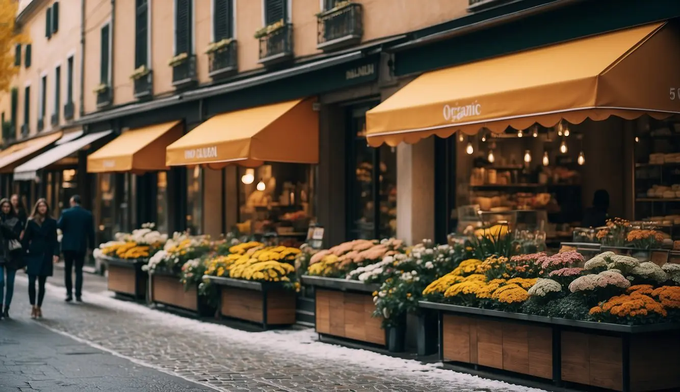 A bustling Milan street with changing seasons: blooming flowers in spring, bright sun in summer, falling leaves in autumn, and snow in winter. Organic clothing store fronts line the street, showcasing sustainable fashion